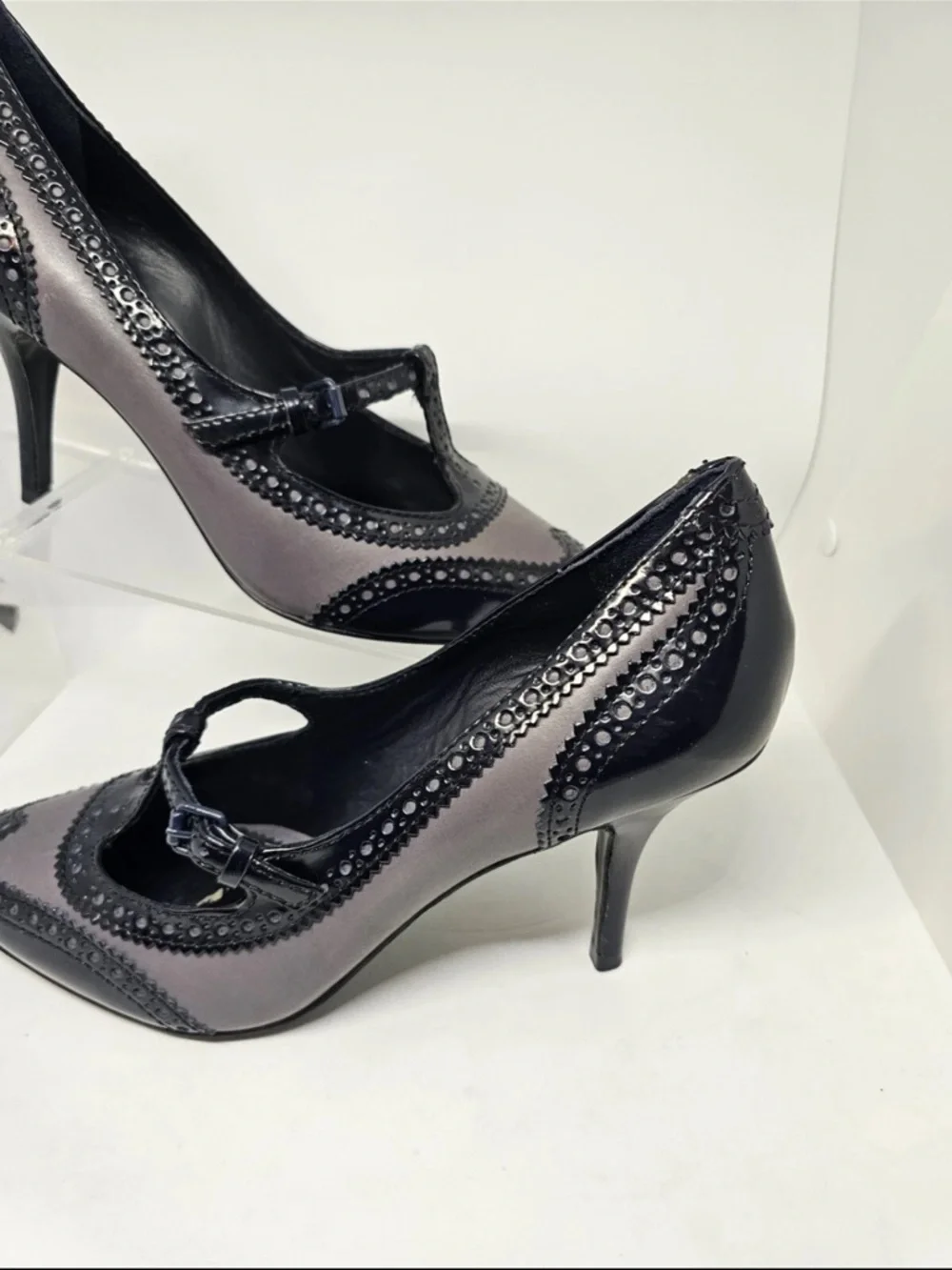 Tory Burch Black and Gray Pointed-Toe Mary Jane Heels